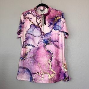 NWT Acegolfs 2XL Polo Shirt Pink Short Sleeve Marble Quarter Zip Performance